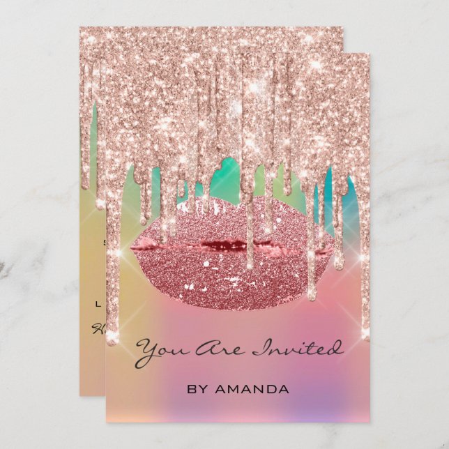 Convite Festa Aniversário 16º Beijo Lábios Glitter (Frente/Verso)