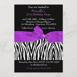 Convite Festa aniversário de 21 anos, Zebra, branco roxo p