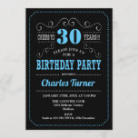 Convite Festa aniversário de 30 anos - Azul Preto<br><div class="desc">Convite de festas aniversário de 30 anos. Design preto,  azul,  branco elegante com padrão de quadro de referência e fonte de script. Até 30 anos! Envie-me uma mensagem se precisar de mais personalização.</div>