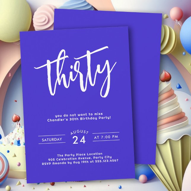 Convite Festa aniversário de 30 anos de cor azul simples e (A bold blue birthday party invitation to celebrate a 30th birthday with pizzazz.)