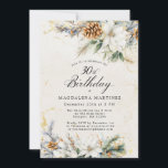 Convite Festa aniversário de 30 anos de inverno Verde Flor<br><div class="desc">As flores brancas elegantes estão aninhadas em verde-pinheiros e minecones. O design floral é enquadrado por uma lavagem de aquarela de marfim mole,  infundida com blocos de ouro macio. Perfeito para uma festa de aniversário de Natal ou de inverno.</div>