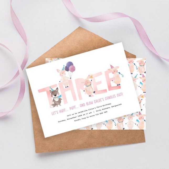 Convite Festa aniversário de 3 anos, 3 Pequenos Porcos Gra (Criador carregado)