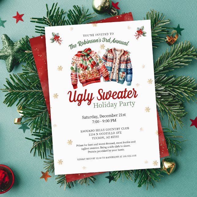 Convite Festa anual festiva e elegante de suor de Natal (festive ugly christmas sweater party invitations for holiday party at corporate office family party)