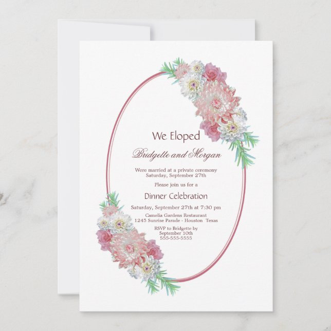 Convite Festa Após Casamento Floral Oval Rosa (Frente)