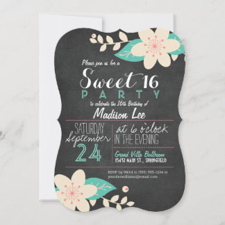 Convite Festa Aqua e Pink Floral Chalkboard Sweet 16