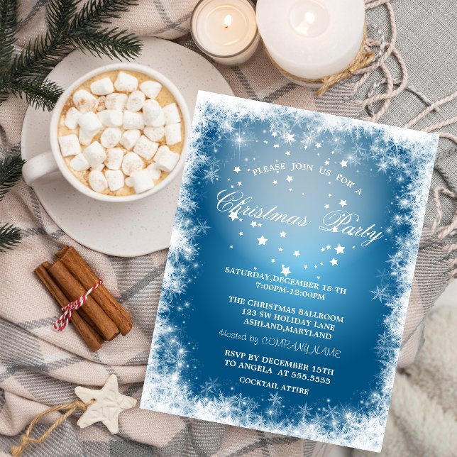 Convite Festa Azul de Natal com Flocos de Neve e Estrelas (Criador carregado)
