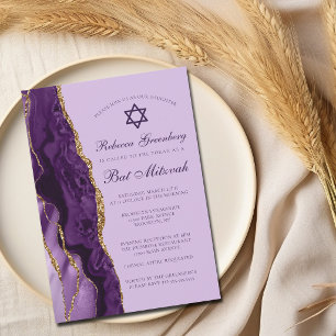 Convite Festa Bat Mitzvah com Glitter Dourado e Roxo