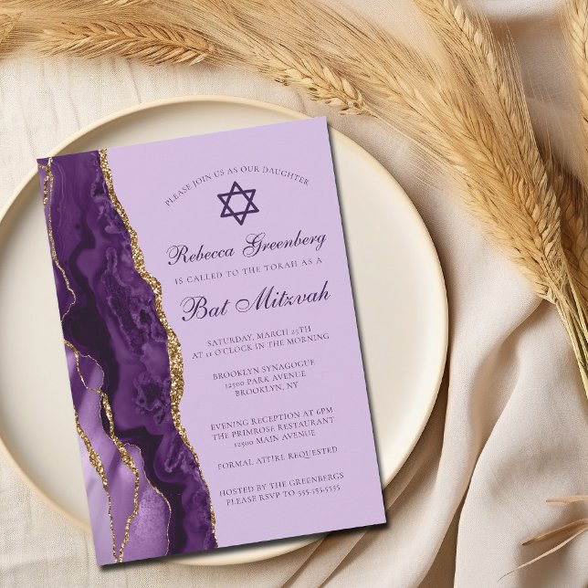 Convite Festa Bat Mitzvah com Glitter Dourado e Roxo (Criador carregado)
