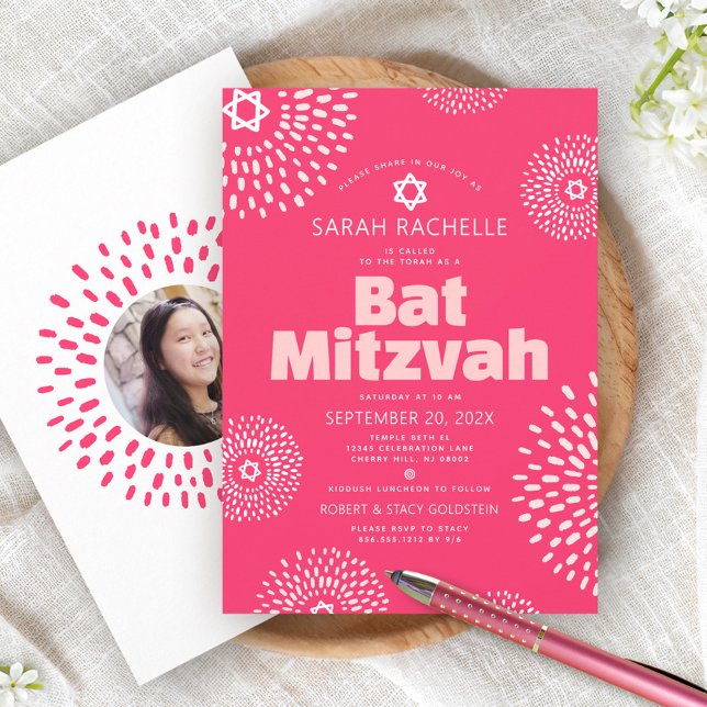 Convite Festa Bat Mitzvah Coral Rosa Foto Explosão de Estr (Criador carregado)