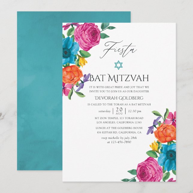 Convite Festa Bat Mitzvah Floral Aquarela (Frente/Verso)