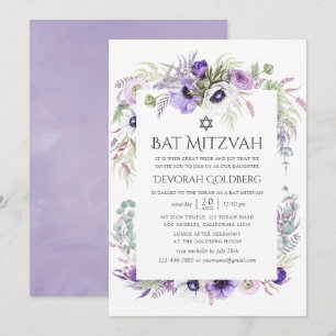 Convite Festa Bat Mitzvah Floral Violeta Empoeirada em Aqu