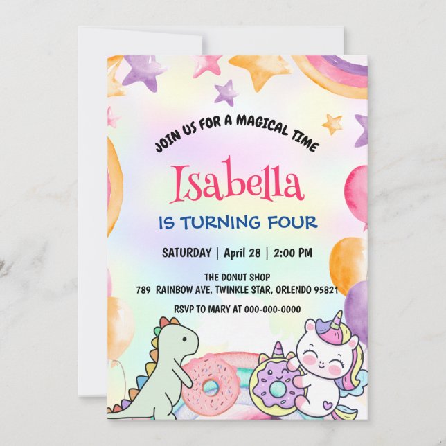 Convite Festa Bela Rosquinha Dino Unicorn Birthday Rainbow (Frente)