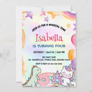 Convite Festa Bela Rosquinha Dino Unicorn Birthday Rainbow