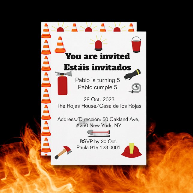 Convite Festa Bilíngue de Aniversário do Tema do Bombeiro (Bilingual Firefighters Birthday party invitation for boys. Multilingual Project.)