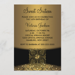 Convite Festa Black Damask Gold Classy Sweet Sixteen