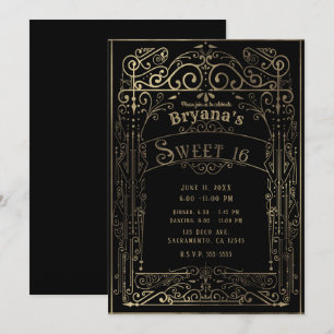 Convite Festa Black & Gold Vintage Victorian Deco Sweet 16