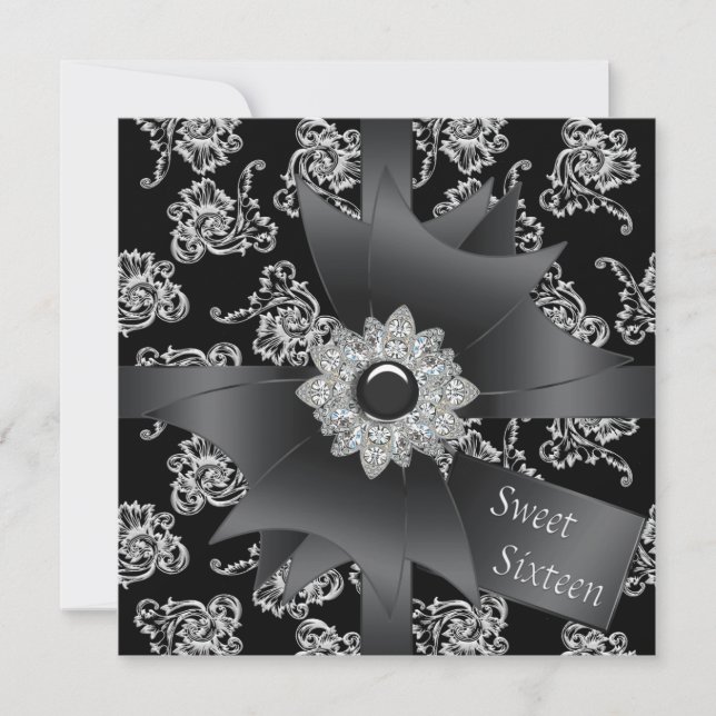 Convite Festa Black Sweet 16 Damask Preto Branco (Frente)