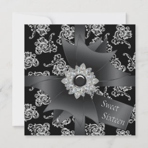 Convite Festa Black Sweet 16 Damask Preto Branco