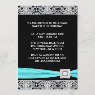 Convite Festa Black Teal Silver Lace Elegante Doce Dezesse