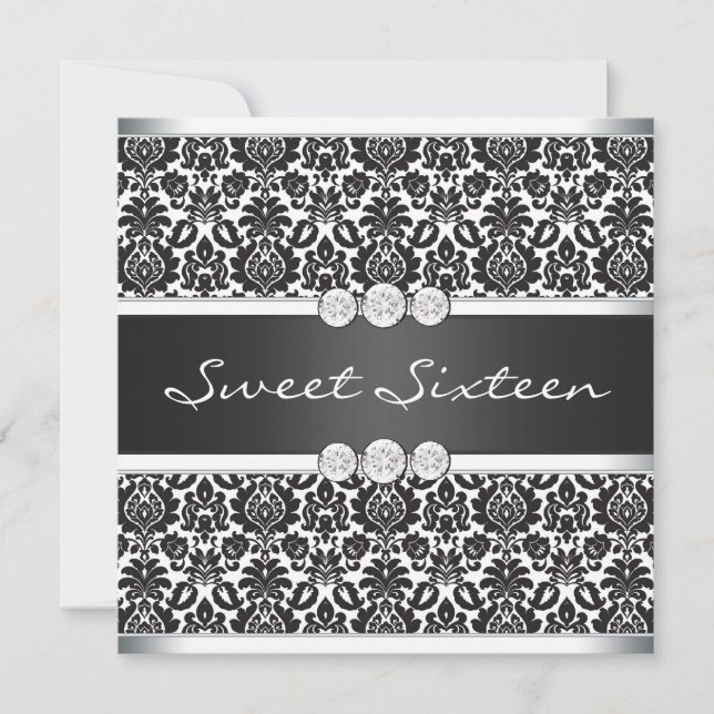 Convite Festa Black White Damask Sweet 16 (Frente)