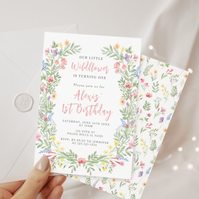 Convite Festa bonita de primeiro aniversario de flor silve (Criador carregado)