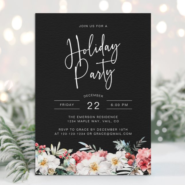 Convite Festa Botânica de Natal Negro (Elegant Black Holiday Party Invitation Watercolor Botanical Floral Berries)