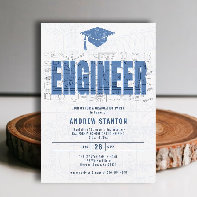 Convite Festa Branca do Boné de Engenheiro de Graduação de (engineering engineer graduation ceremony party invitation white blue grad cap modern minimalist)