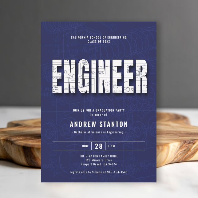 Convite Festa Branca do Marinho de Engenheiro de Graduação (engineering engineer graduation ceremony party invitation navy blue white template modern minimalist)