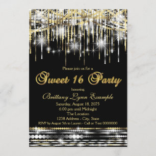 Convite Festa Brilho Doce Dezesseis Preto e Dourado
