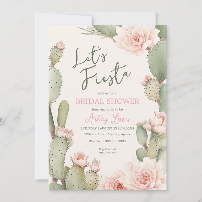 Convite Festa Cactus Boho Chá de Bebê Rosa flores (Frente)
