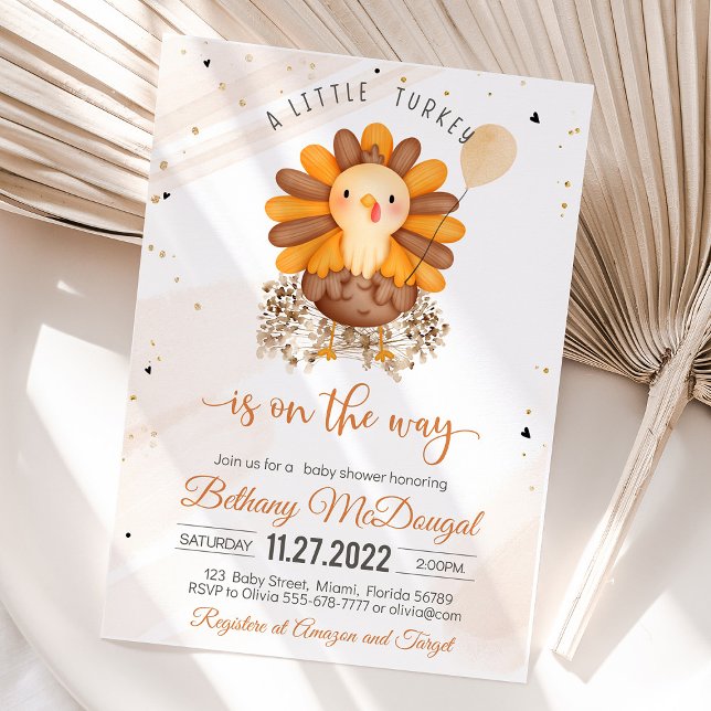 Convite Festa Chá de fraldas de Ação de Graças da Pequena  (Little Turkey On The Way! Thanksgiving baby shower favor tags with turkey design, warm autumn colors)