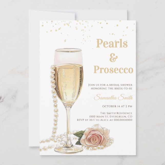 Convite Festa Chá de Noiva Pérolas Elegantes e Prosecco (Frente)