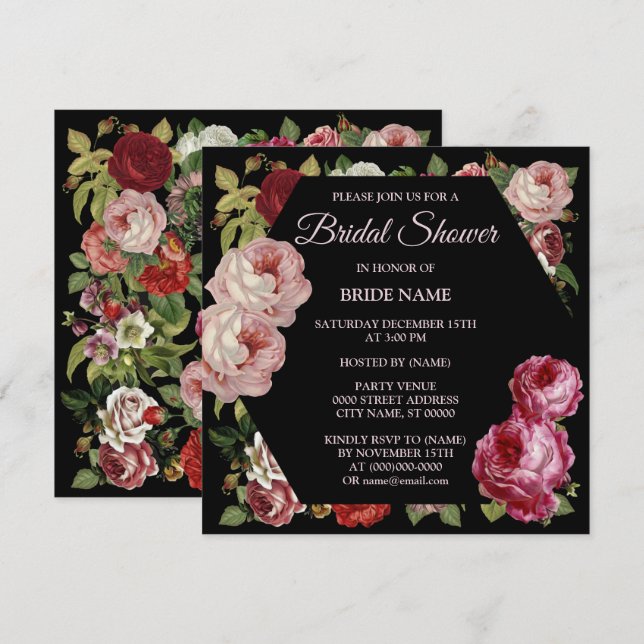 Convite Festa Chá de panela Negra Vermelha Cor-de-Rosa Flo (Frente/Verso)