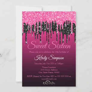 Convite Festa Chic Black Hot Pink Glitter Sweet Sixteen