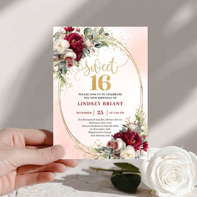 Convite Festa chic boho marsala dourado floral sweet sixte (Chic boho marsala gold floral sweet sixteen party invite

)