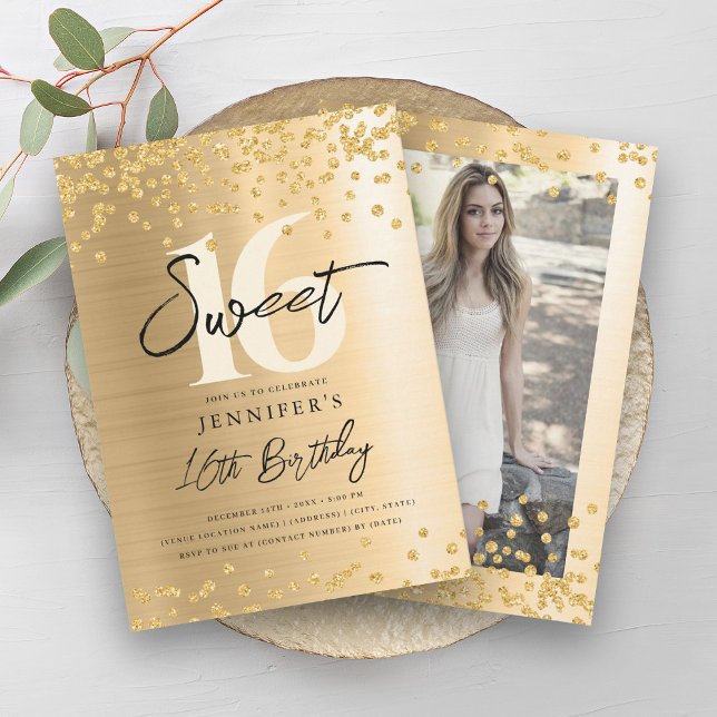 Convite Festa Chic Dourada Glitter Foto Sweet 16 (Chic Gold Glitter Photo Sweet 16 Party Invitation)