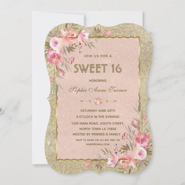 Convite Festa Chic Glitter Dourado Blush Floral Doce Dezes (Frente)