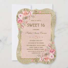 Convite Festa Chic Glitter Dourado Rosa Floral Sweet Sixte