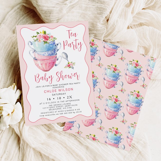 Convite Festa Chic Pink Wave Floral Chá de fraldas Tea (Pink wave chic baby shower tea party invitation featuring some stacked teacup and flowers.)
