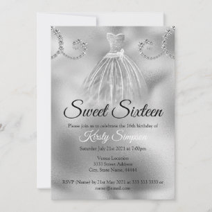 Convite Festa Chic Sweet Sixteen com Diamantes e Folha de 
