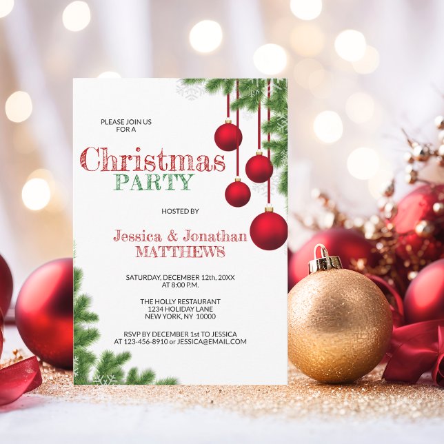Convite FESTA CHRISTMAS Neve Verde Vermelha Pine (CHRISTMAS PARTY Red Green Ornament Pine Snow Invitation)