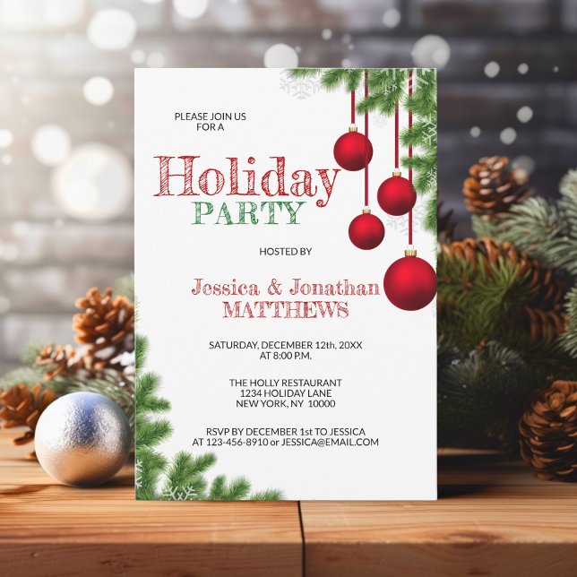 Convite FESTA CHRISTMAS Neve Verde Vermelha Pine (CHRISTMAS HOLIDAY PARTY Red Green Ornament Pine Snow Invitation)
