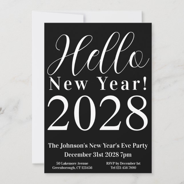 Convite Festa Clássica de Ano Novo, Preto e Branco (Frente)