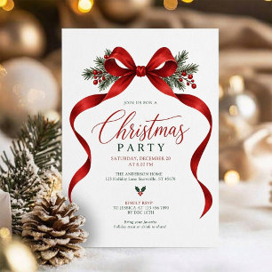Convite Festa Clássica de Natal com Laço Vermelho Elegante