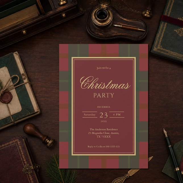 Convite Festa Clássica de Natal Xadrez Vermelho e Verde (Classic Tartan Red Green Family Christmas Dinner Party Invitation)