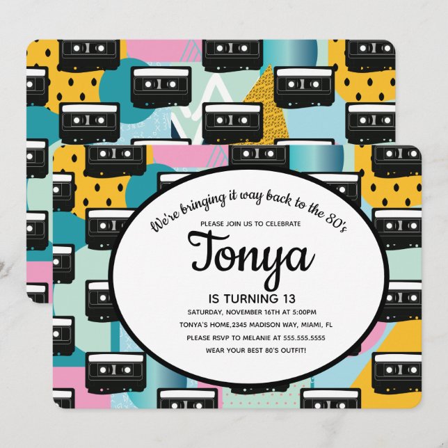 Convite Festa Colagem Rosa anos 80 90 - Cassete Retro (Frente/Verso)