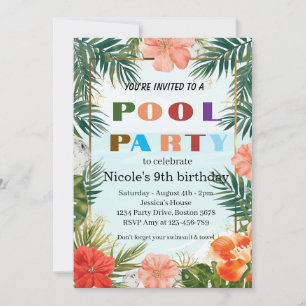 Convite Festa Colorida de Aniversário de 9 anos na Piscina