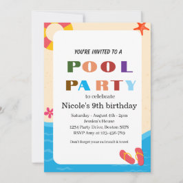 Convite Festa Colorida de Aniversário de 9 Anos na Piscina