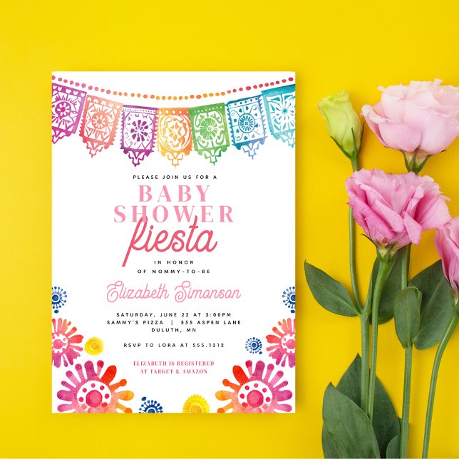 Convite Festa Colorida Rosa de Bebê - Festa Mexicana (Colorful Baby Shower Mexican Fiesta Baby Shower Invitation)