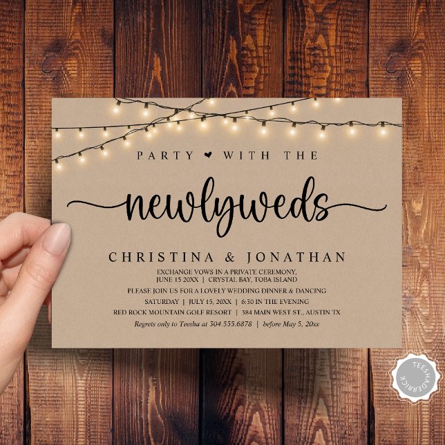 Convite Festa Com Os Newlyweds, Janto Russo De Casamento (Party With The Newlyweds, Rustic Wedding Dinner Invitation Card, PDF, String Lights Brown Kraft)